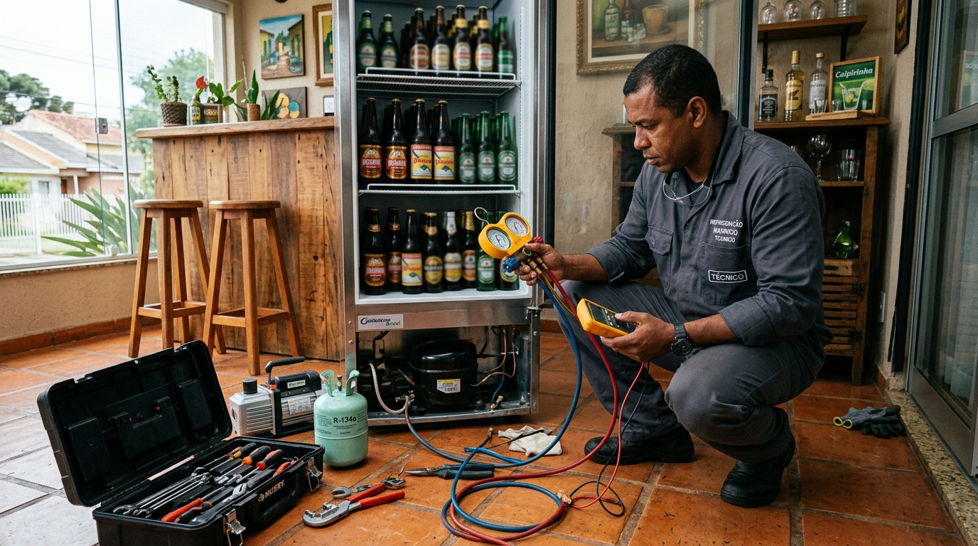 Técnico realizando manutenção de motor de cervejeira em Niterói‑RJ