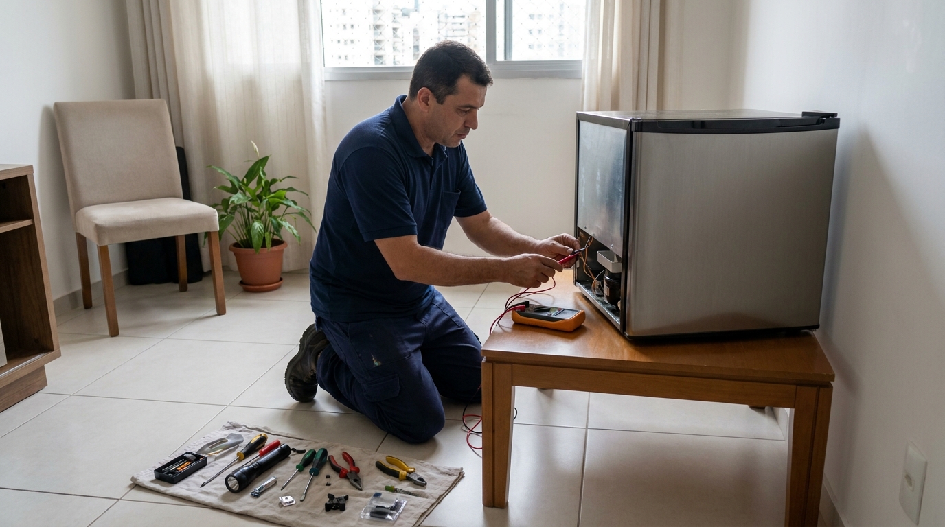 Técnico realizando manutenção de motor de frigobar em Niterói‑RJ