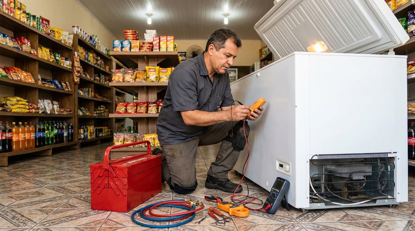 Recarga de gás refrigerante em freezer em atendimento em Niterói‑RJ